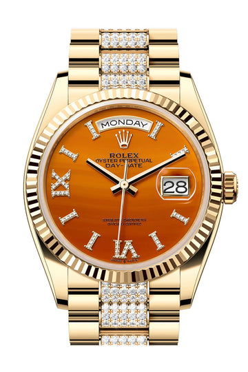 Rolex Day-Date 36 Carnelian Dial Gold Fluted Bezel Diamond Bracelet Yellow Gold Watch - Ref #  128238