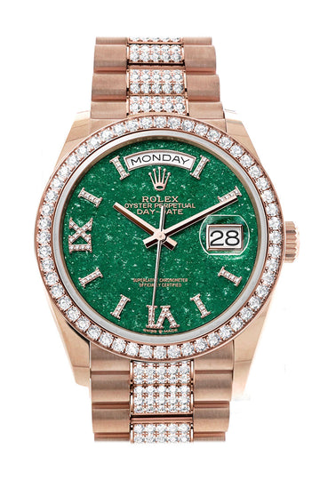 Rolex Day-Date 36 Green Aventurine Dial Diamond Bezel 18K Everose Gold Diamond President Watch - Ref #  128345RBR