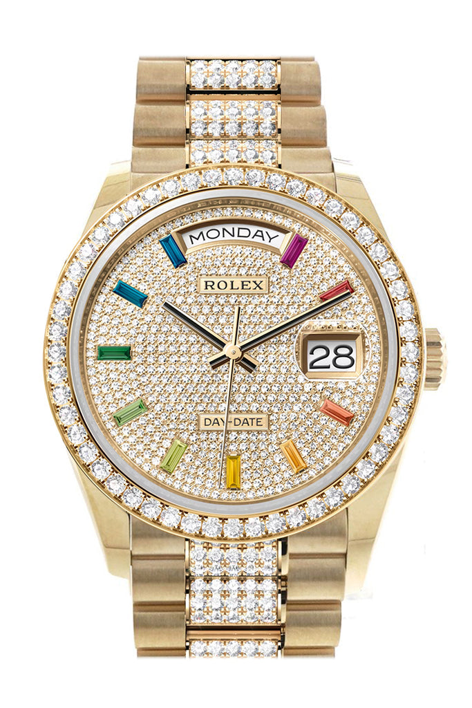 Rolex Day-Date 36 Pave Dial Gold Diamond Bezel Watch - Ref #  128348RBR-0031 128348RBR