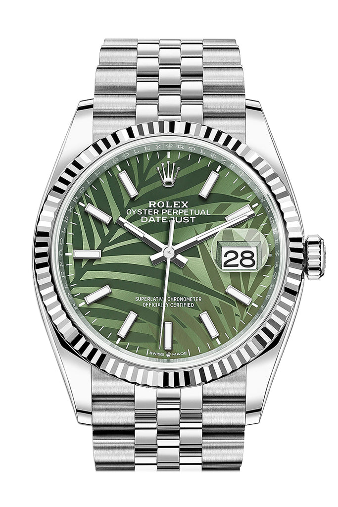 Rolex Datejust 36 Olive Green Palm Motif Dial Fluted Jubilee Watch - Ref #  126234