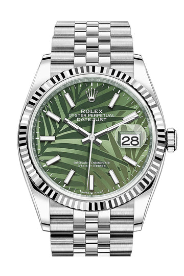 Rolex Datejust 36 Olive Green Palm Motif Dial Fluted Jubilee Watch - Ref #  126234