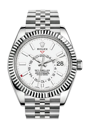 Rolex Sky Dweller White Dial 18K White Gold Bezel Steel Jubilee Watch - Ref #  326934