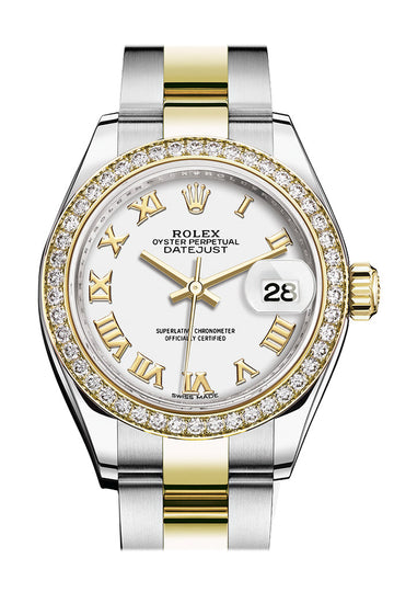 Rolex Datejust 28 White Roman Dial Diamond Bezel Yellow Gold Ladies Watch - Ref #  279383RBR 279383