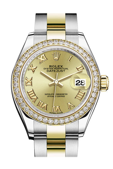 Rolex Datejust 28 Champagne Roman Dial Diamond Bezel Yellow Gold Ladies Watch - Ref #  279383RBR 279383