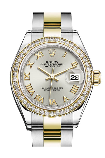 Rolex Datejust 28 Silver Roman Dial Diamond Bezel Yellow Gold Ladies Watch - Ref #  279383RBR 279383