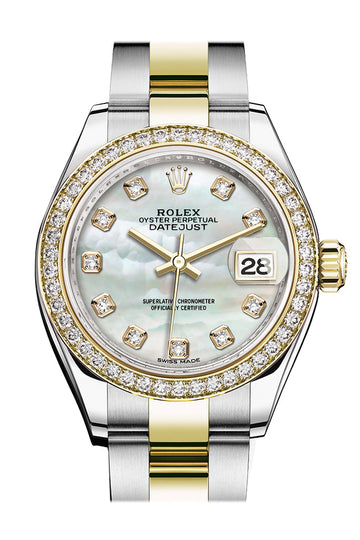 Rolex Datejust 28 White mother-of-pearl set with diamonds Dial Diamond Bezel Yellow Gold Ladies Watch - Ref #  279383RBR 279383