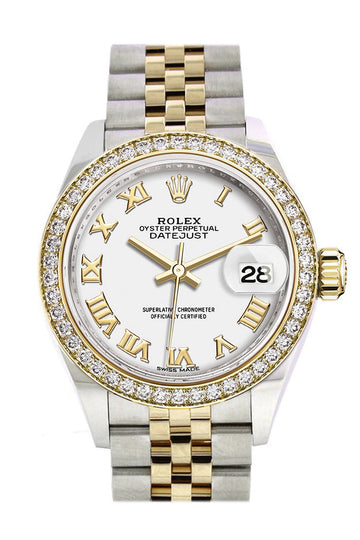 Rolex Datejust 28 White Roman Dial Diamond Bezel Yellow Gold Jubilee Ladies Watch - Ref #  279383RBR 279383