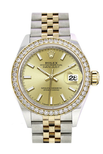 Rolex Datejust 28 Champagne Dial Diamond Bezel Yellow Gold Jubilee Ladies Watch - Ref #  279383RBR 279383