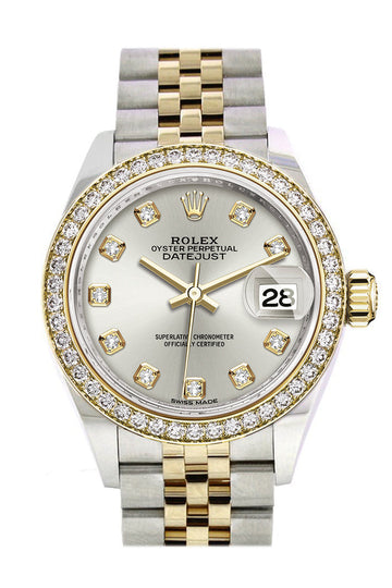 Rolex Datejust 28 Silver set with diamonds Dial Diamond Bezel Yellow Gold Jubilee Ladies Watch - Ref #  279383RBR 279383