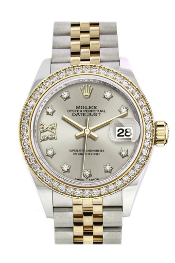 Rolex Datejust 28 Silver Diamond Star Dial Diamond Bezel Yellow Gold Jubilee Ladies Watch - Ref #  279383RBR 279383