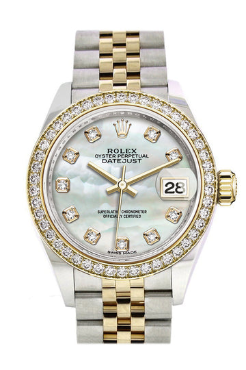 Rolex Datejust 28 White mother-of-pearl set with diamonds Dial Diamond Bezel Yellow Gold Jubilee Ladies Watch - Ref #  279383RBR 279383