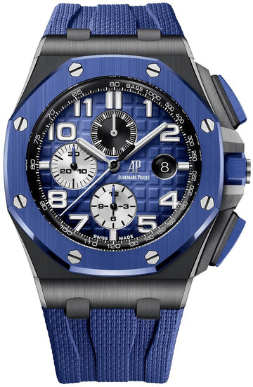 Audemars Piguet Royal Oak Offshore Selfwinding Chronograph - Stainless Steel - Blue Strap - Blue Dial - White Sub-Dials - Blue Ceramic Bezel - Ref# 26405CE.OO.A030CA.01