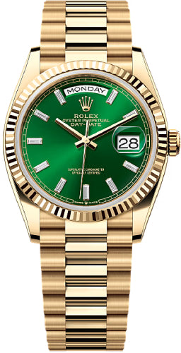 Rolex Day-Date 36 36mm Bright Green Diamond-set Dial Fluted Bezel President Bracelet - 128238