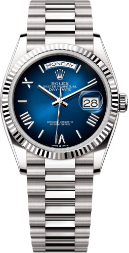 Rolex Day-Date 36 36mm Blue Ombré Roman Dial Fluted Bezel President Bracelet - 128239