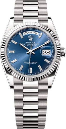 Rolex Day-Date 36 36mm Bright Blue Diamond-Set Dial Fluted Bezel President Bracelet - 128239