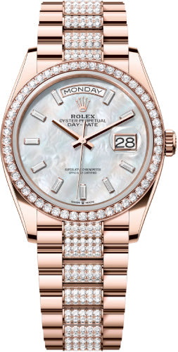 Rolex Day-Date 36 36mm White MOP Diamond-Set Dial Diamond-Set Bezel with Diamond-Set President Bracelet - 128345RBR