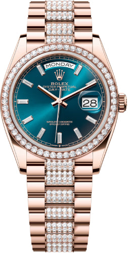 Rolex Day-Date 36 36mm Blue-Green Diamond-Set Dial Diamond-Set Bezel with Diamond-Set President Bracelet - 128345RBR