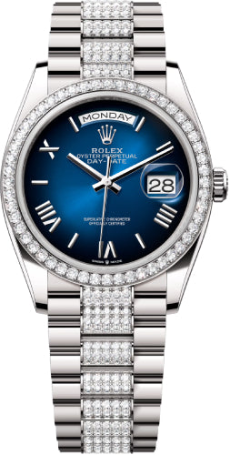 Rolex Day-Date 36 36mm Blue Ombré Roman Dial Diamond-Set Bezel with Diamond-Set President Bracelet - 128349RBR