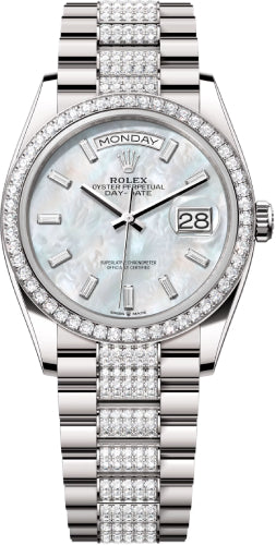 Rolex Day-Date 36 36mm White MOP Diamond-Set Dial Diamond-Set Bezel with Diamond-Set President Bracelet - 128349RBR