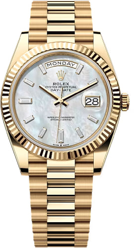 Rolex Day-Date 40 40mm White MOP Diamond-Set Dial Fluted Bezel President Bracelet - 228238