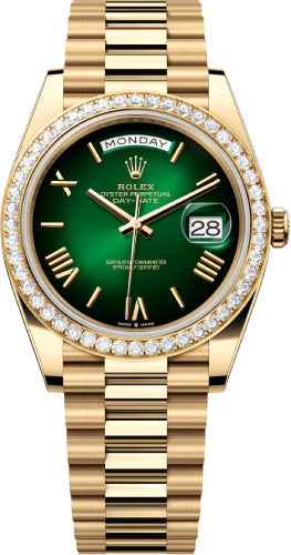 Rolex Day-Date 40 40mm Green Ombré Dial Diamond Set Bezel President Bracelet - 228348RBR