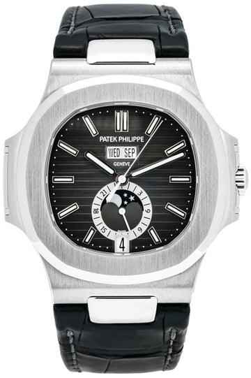 Patek Philippe Nautilus Stainless Steel Moon Phase Black Leather Strap - Ref# 5726A-001